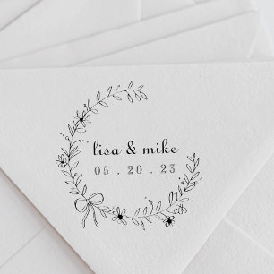 Floral and Bow Wreath Custom Couple Names Wedding Self-inking Stamp