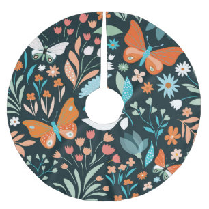 Floral and butterflies, decorative seamless patter brushed polyester tree skirt