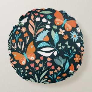 Floral and butterflies, decorative seamless patter round pillow