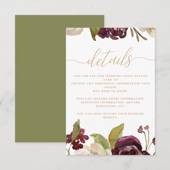 Floral and Calligraphy Wedding Guest Detail Enclosure Card (Front/Back)