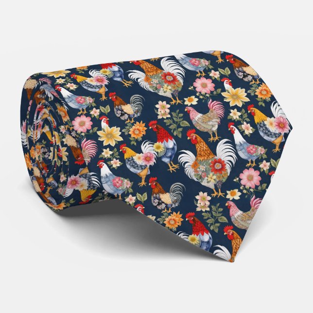 Floral And Denim Patchwork Collage Farm Chickens Tie (Rolled)