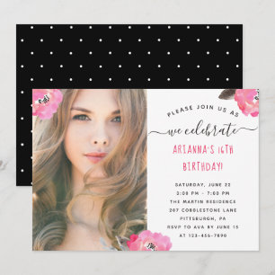 Floral and Dots Photo Birthday Party Invitation