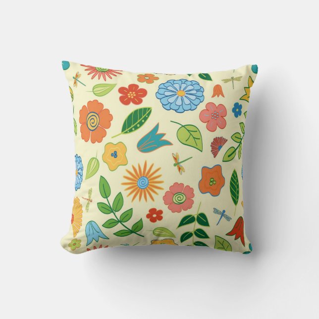 Floral and Dragonfly Patterned Throw Pillow (Front)