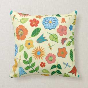 Floral and Dragonfly Patterned Throw Pillow