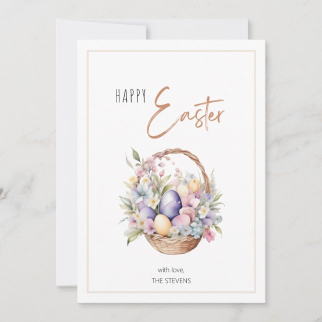 Floral and Eggs Basket Happy Easter Greetings Holiday Card (Front)