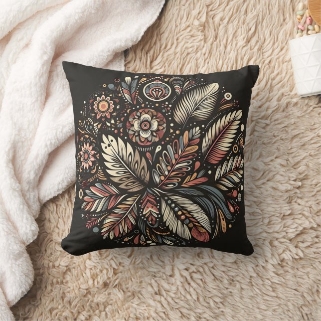 Floral and feather design on dark throw pillow (Blanket)