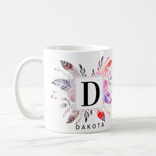 Floral and Flower Boho Monogram and Name Design Coffee Mug (Left)