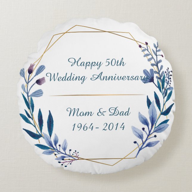 Floral and Gold 50th Wedding Anniversary Round Pillow (Front)