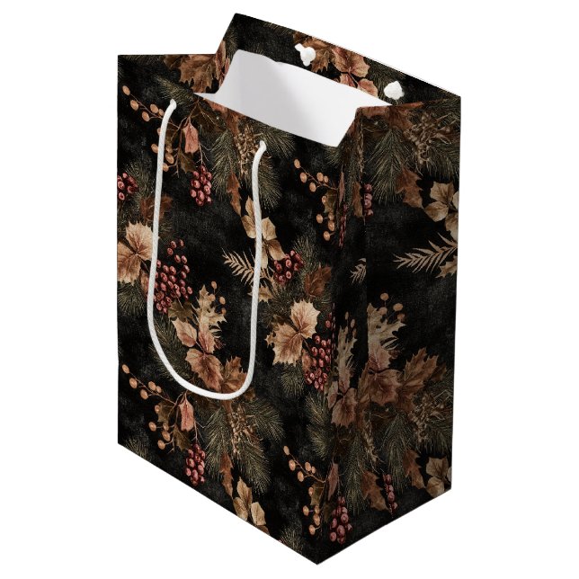  Floral and Gold Coloured Leaves Medium Gift Bag (Front Angled)