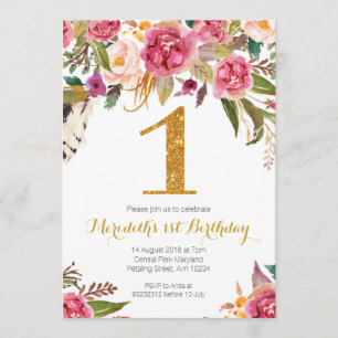 Floral and Gold First Birthday Invitation