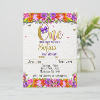 Floral and gold first Birthday invitation