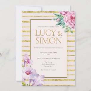 Floral and Gold Glitter Stripes Wedding Invitation