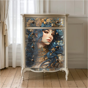 Floral and Gold Goddess Anime Style Blue Tissue Paper