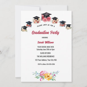 Floral and hats graduation party invitation