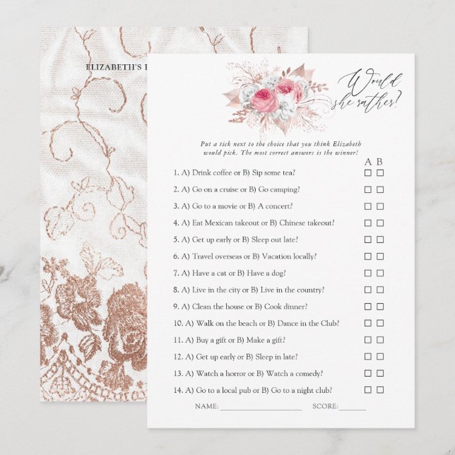 Floral and Lace Bridal Shower Game Invitation (Front/Back)