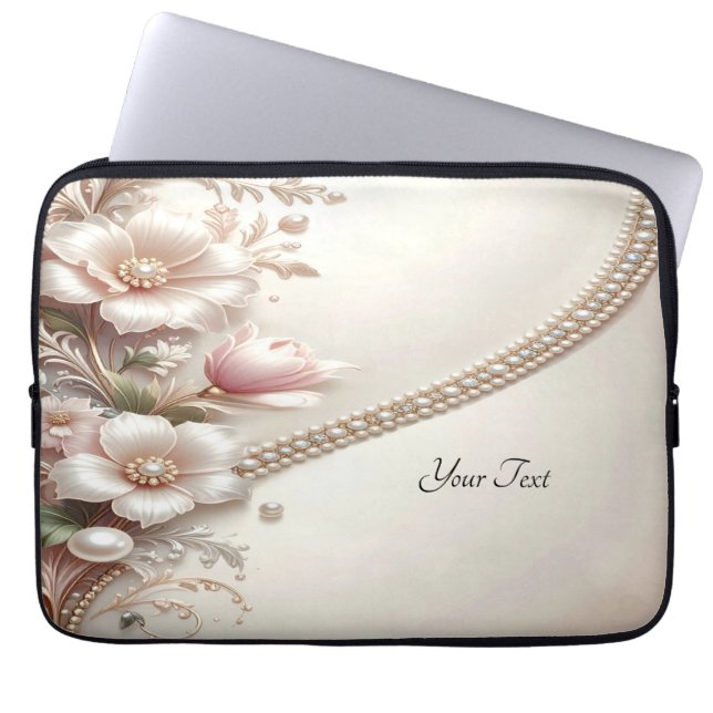 Floral and Pearl Embellishments Laptop Sleeve (Front)