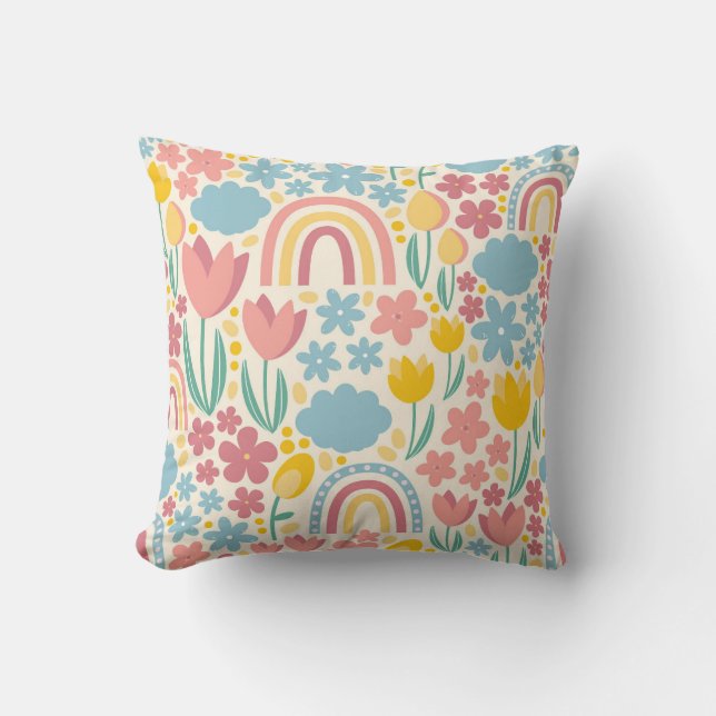 Floral and Rainbow Spring Pattern Throw Pillow (Front)