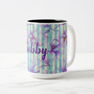 floral and stripes with personalized name Two-Tone coffee mug