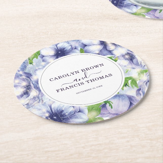 Floral Anemone Wedding Luxury Personalized Round Paper Coaster (Angled)