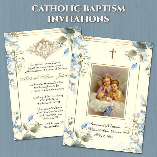 Floral Angels Catholique Baptême Invitation (Créateur téléchargé)