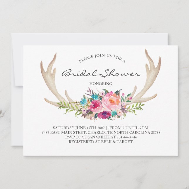Floral antler boho Shower Invitation (Front)