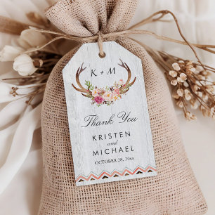 Floral Antler Rustic Wood Boho Wedding Thank You Gift Tags