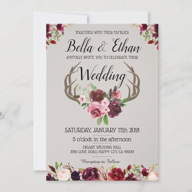 Floral Antler Suite Deer Hunting Style Wedding Invitation (Front)