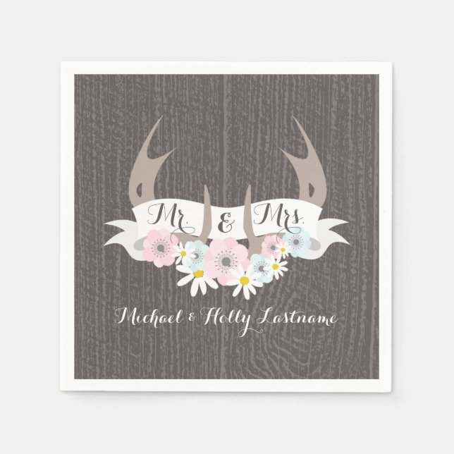 Floral Antlers + Barn Wood Wedding Napkin (Front)
