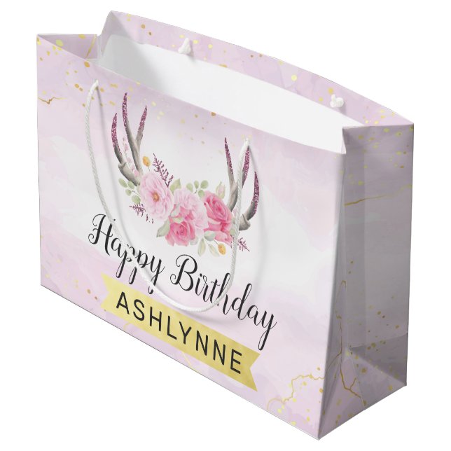 Floral Antlers Blush Pink & Gold Girl's Birthday Large Gift Bag (Back Angled)