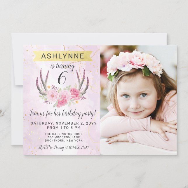 Floral Antlers & Blush Pink Gold Marble Birthday Invitation (Front)