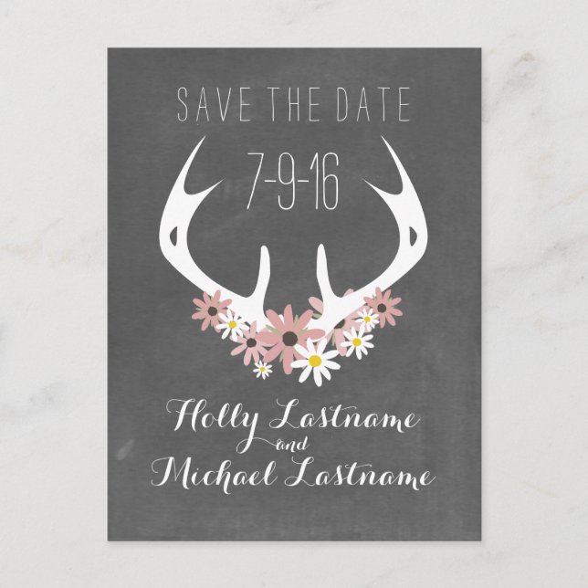Floral Antlers + Chalkboard Inspired Save The Date Announcement Postcard (Front)