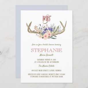 Floral Antlers Rustic Bridal Shower Invitation