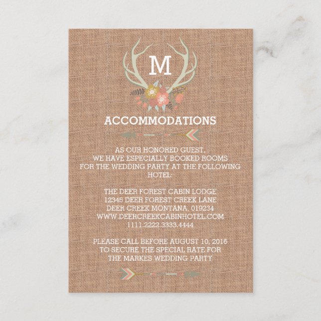 FLORAL ANTLERS | RUSTIC WEDDING ACCOMMODATION CARD (Front)
