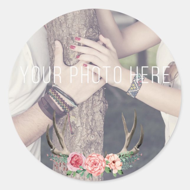 Floral Antlers Rustic Wedding Keepsake Photo Classic Round Sticker (Front)