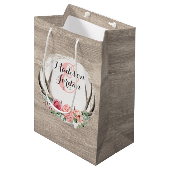 Floral Antlers Rustic Wood Wedding Personalized Medium Gift Bag (Front Angled)