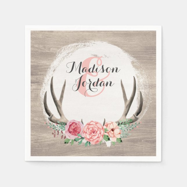Floral Antlers Rustic Wood Wedding Personalized Napkin (Front)