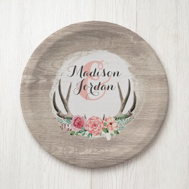 Floral Antlers Rustic Wood Wedding Personalized Paper Plate (Creator Uploaded)