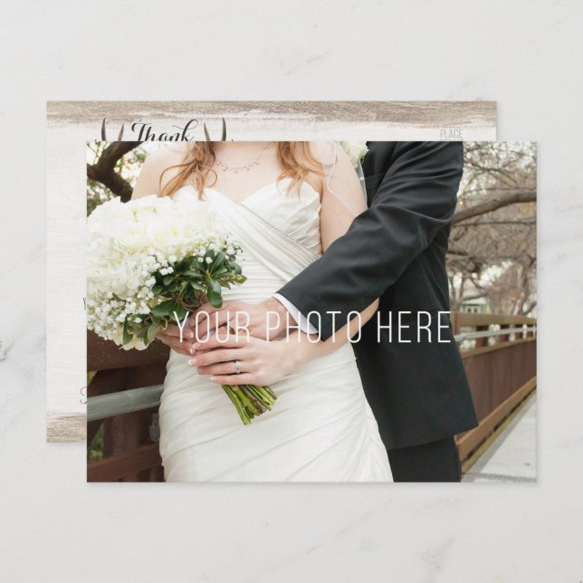 Floral Antlers Rustic Wood Wedding Thank You Postcard (Front/Back)