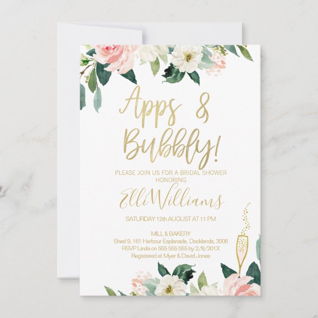 Floral Apps and Bubbly Bridal Shower Invitation (Front)