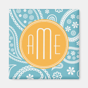 Floral Aqua Blue Paisley Pattern & Yellow Monogram Magnet