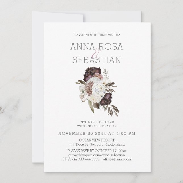 *~* Floral AR15 WEDDING BURGUNDY Rose RSVP + Invitation (Front)