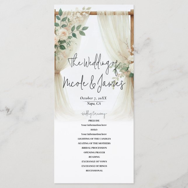 Floral Arc en bois Vert Rose Mariage Programme (Devant)
