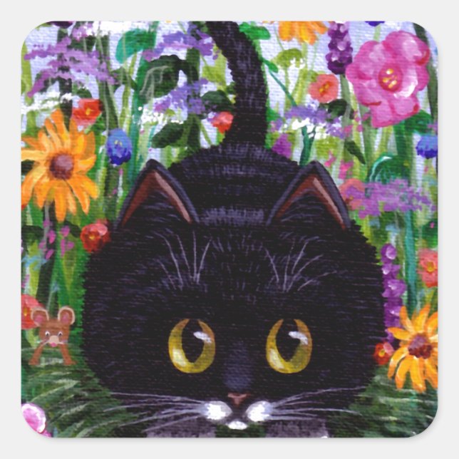 Floral Art Black Tuxedo Cat Flowers Creationarts Square Sticker (Front)