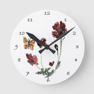 Floral Art Butterfly Poppy Flowers Round Clock