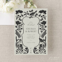 Floral Art Deco Black and Ivory Wedding Invitation
