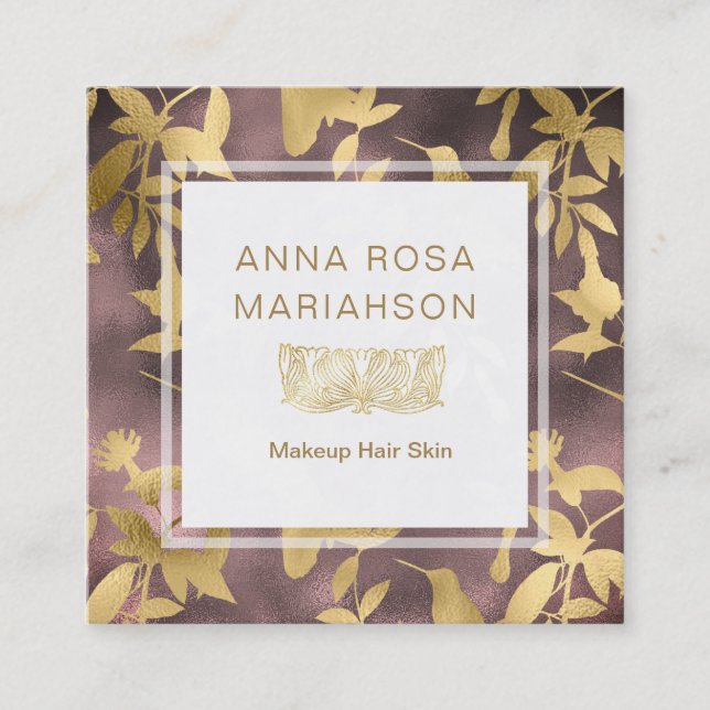 *~* Floral Art Deco Gold Bird Pattern Square Business Card (Front)