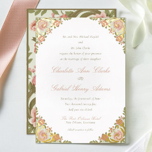 Floral Art Deco Sage Green Foil Invitation
