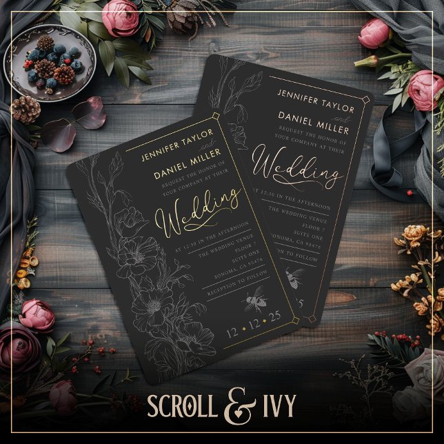 Floral Art Deco Slate & Black Wedding Invitation (Creator Uploaded)