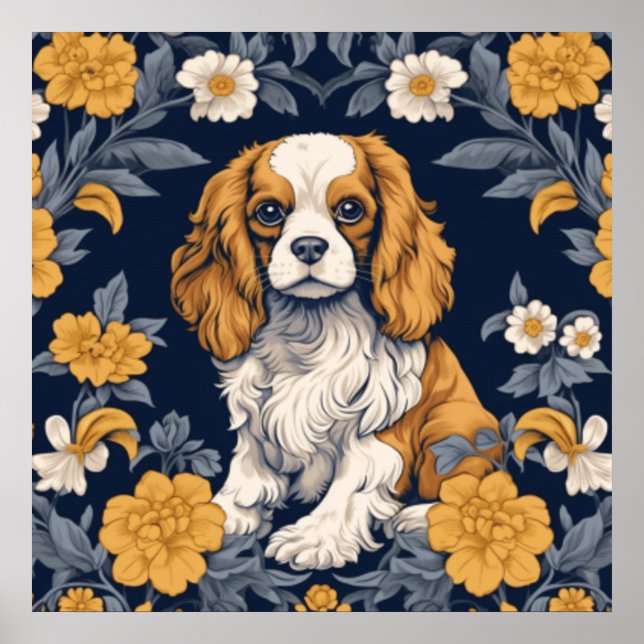 Floral Art Nouveau King Charles Cavalier Spaniel Poster (Front)