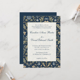 Floral Art Nouveau Navy Blue Traditional Wedding Invitation